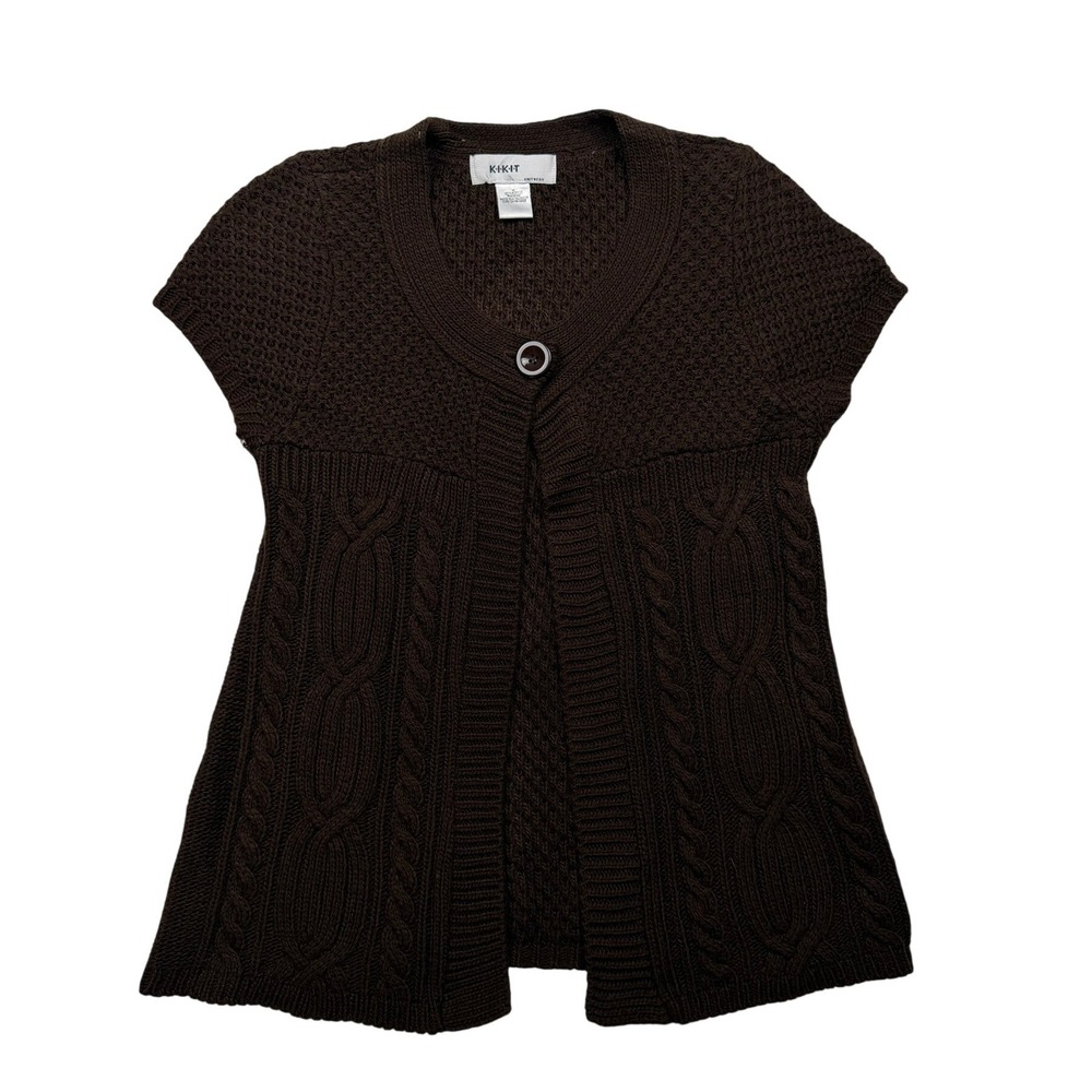 KIKIT M Brown Cable Knit Short Sleeve Cardigan Sweater One Button